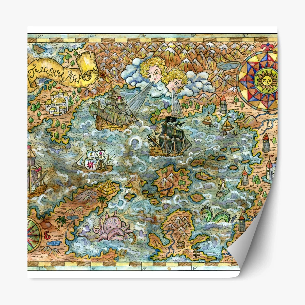 Repositionable sticker whimsical treasure map illustration ⁕ Wallissimo® Repositionable sticker whimsical treasure map illustration ⁕ Wallissimo®