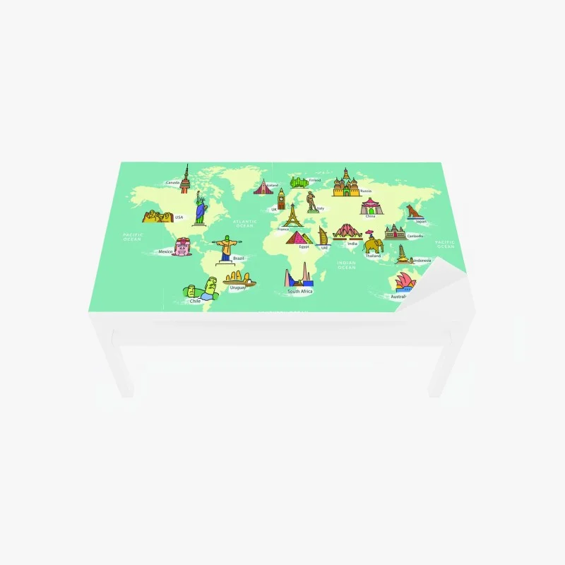 Table & desk veneer colorful illustrated world map of landmarks