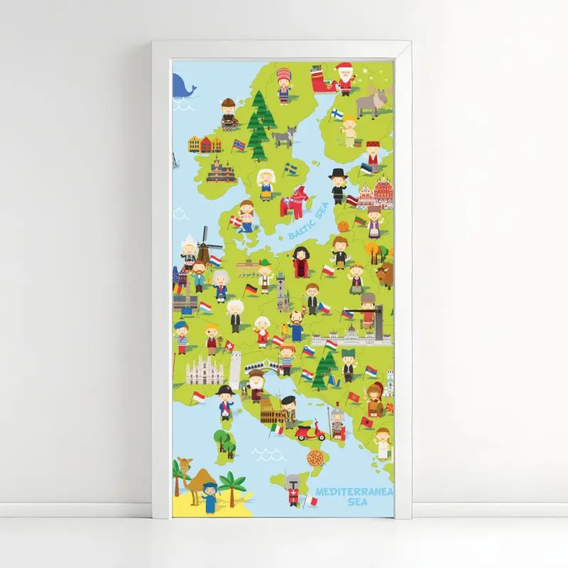 Door sticker illustrated Europe map for kids