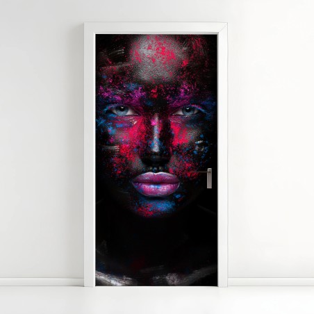 Door sticker dramatic neon face art portrait • Wallissimo®
