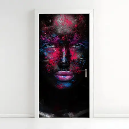 Door sticker dramatic neon face art portrait • Wallissimo®