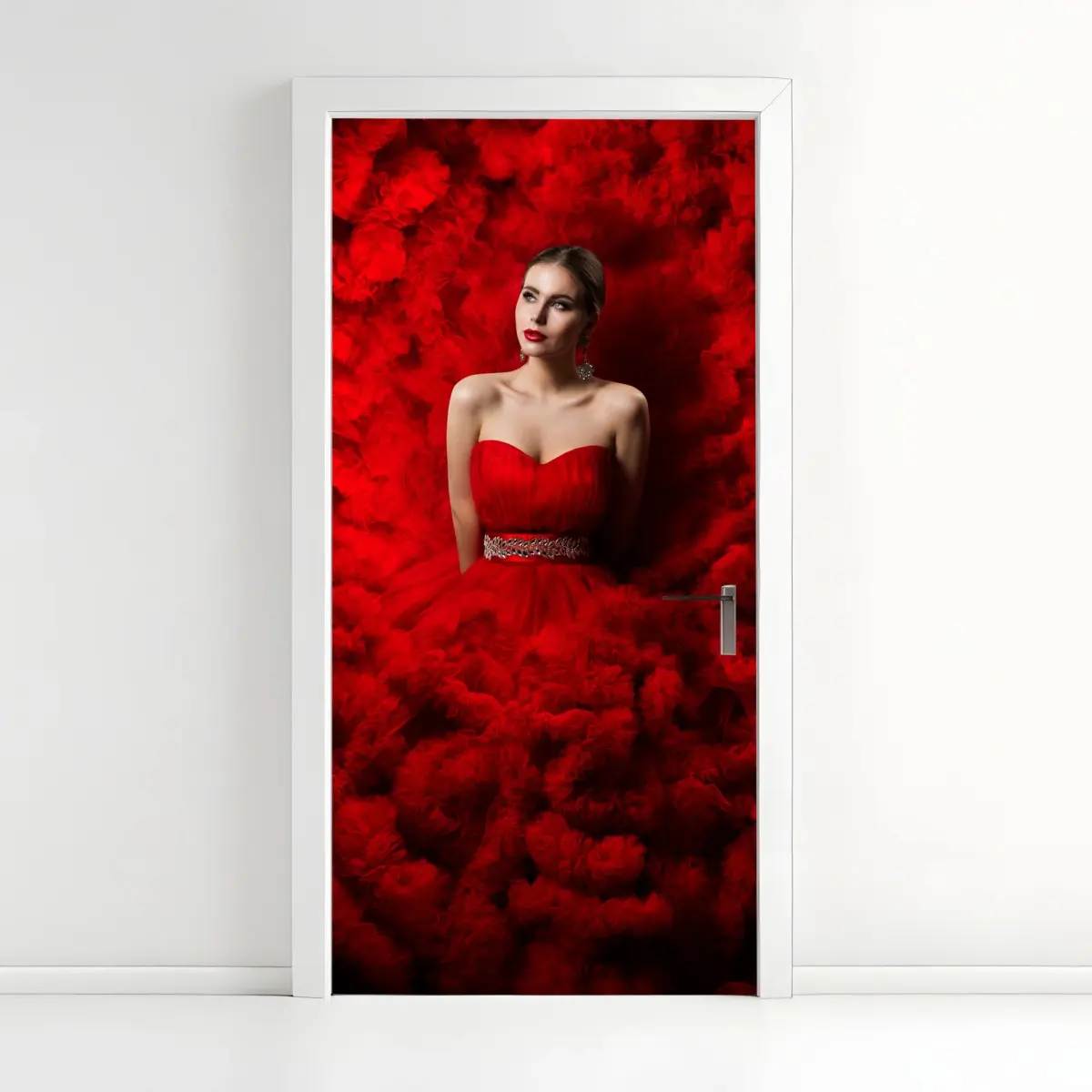 Door sticker elegant red gown portrait • Wallissimo® Door sticker elegant red gown portrait • Wallissimo®