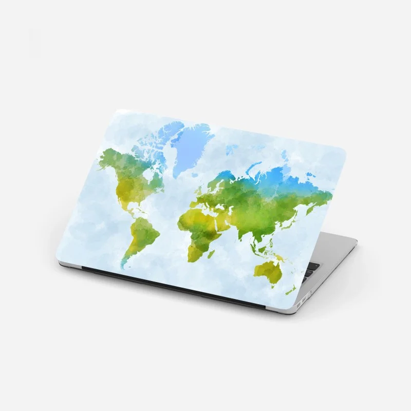 Laptop sticker watercolor world map in green and blue