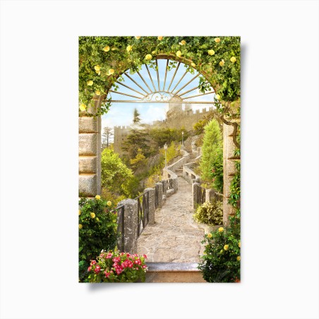 Poster sunlit garden path to castle • Wallissimo®