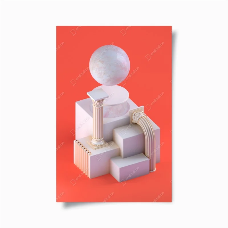 Poster marble sphere and classical columns on orange