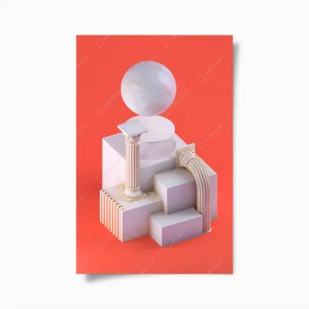 Poster marble sphere and classical columns on orange • Wallissimo®