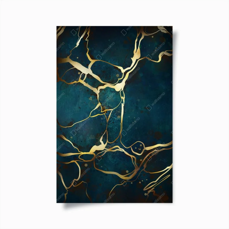 Poster turquoise and gold abstract with golden veins