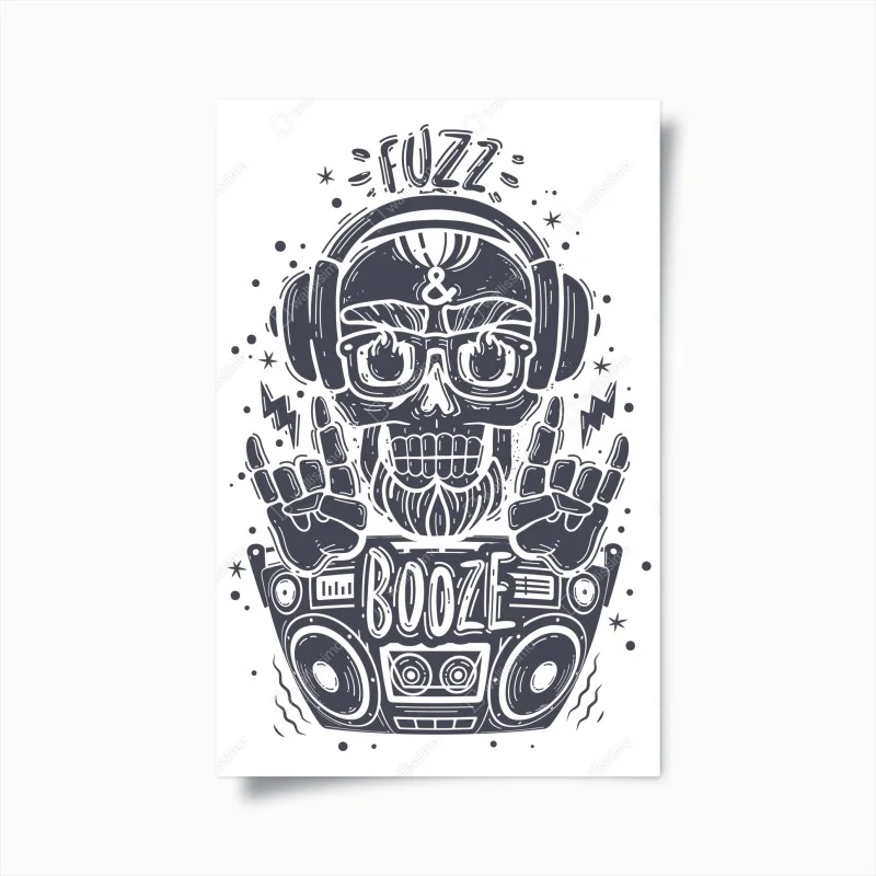 Poster skull dj with boombox and headphones