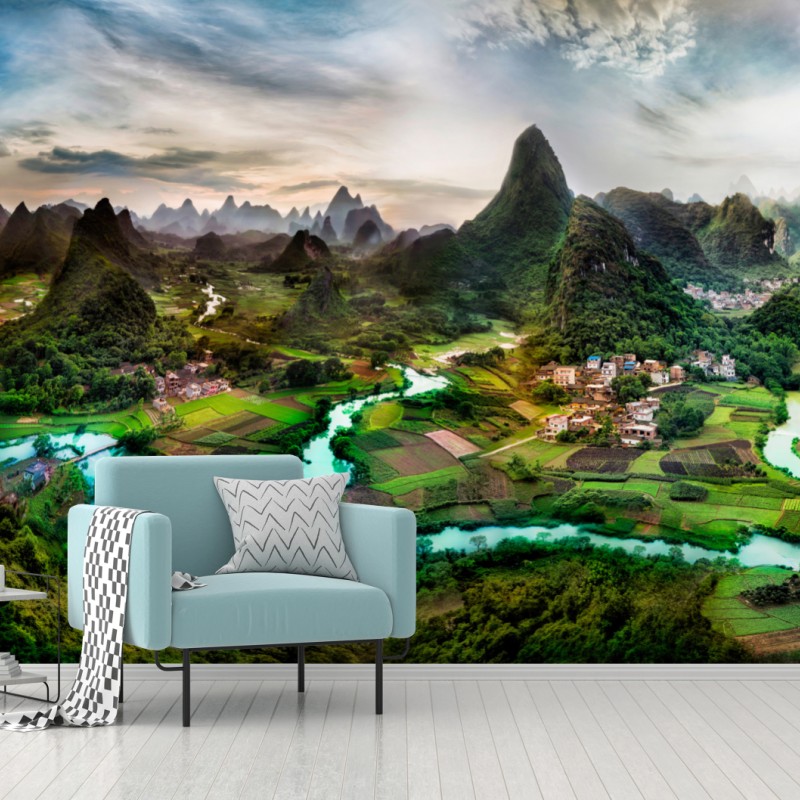 Wall mural emerald river through karst mountains panorama
