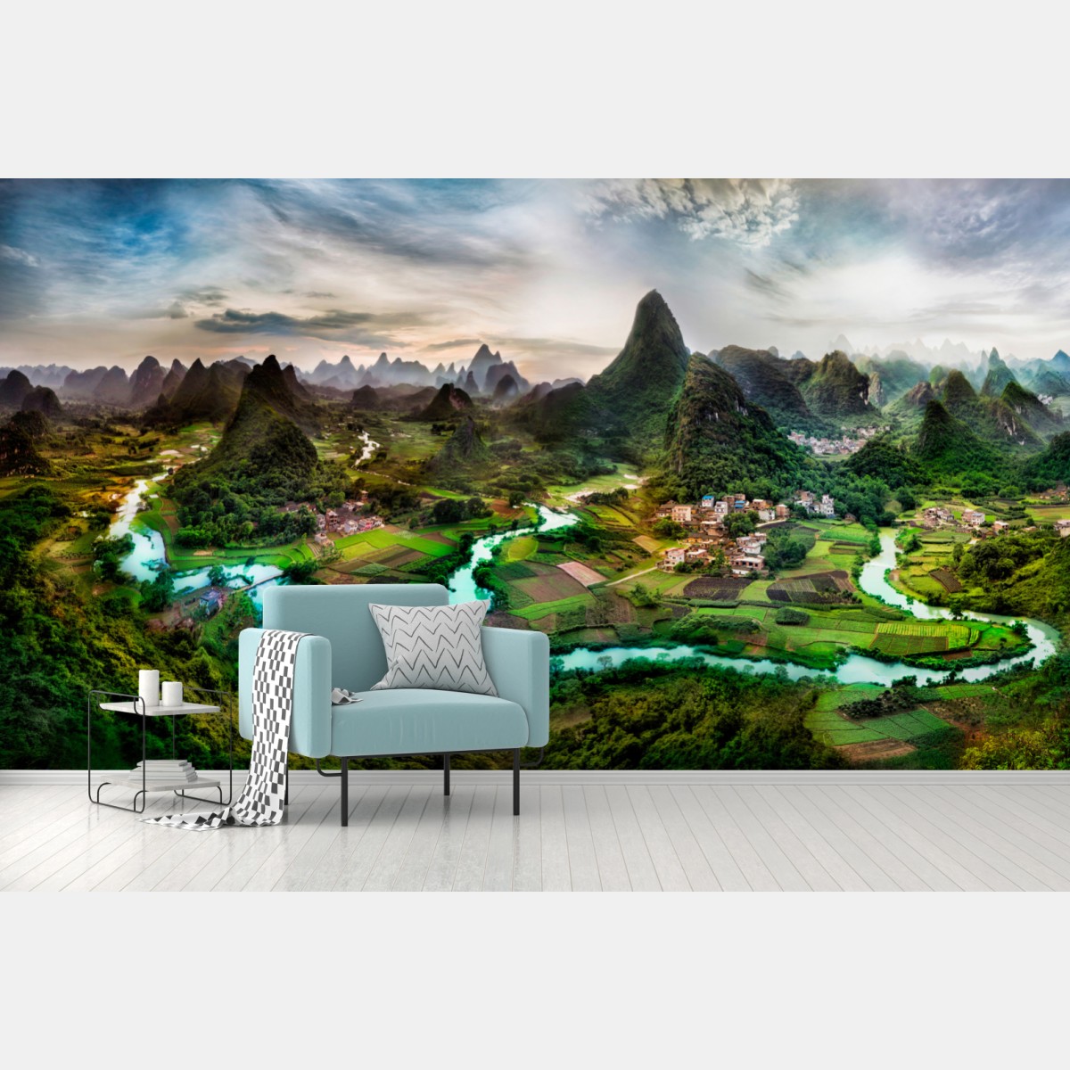 Wall mural emerald river through karst mountains panorama • Wallissimo®