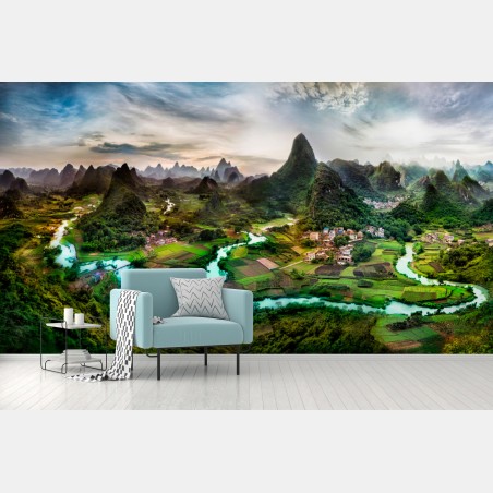 Wall mural emerald river through karst mountains panorama • Wallissimo®