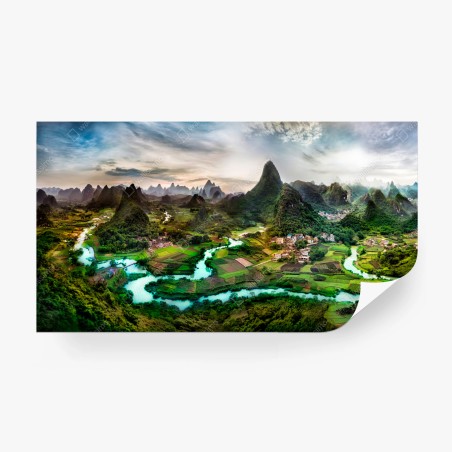 Wall mural emerald river through karst mountains panorama • Wallissimo®