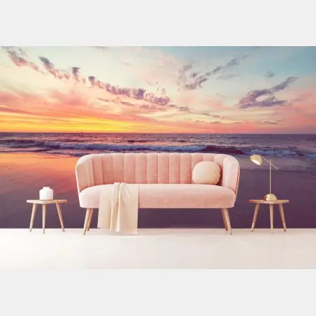 Wall mural pastel beach sunset over calm sea • Wallissimo®