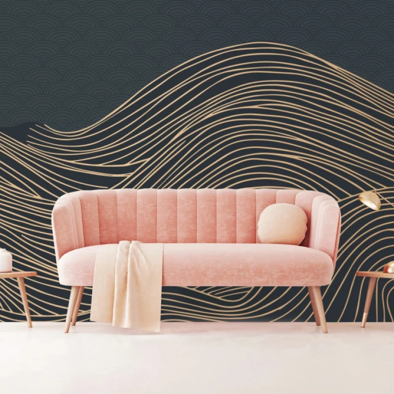 Wall mural golden wave lines with Japanese motif