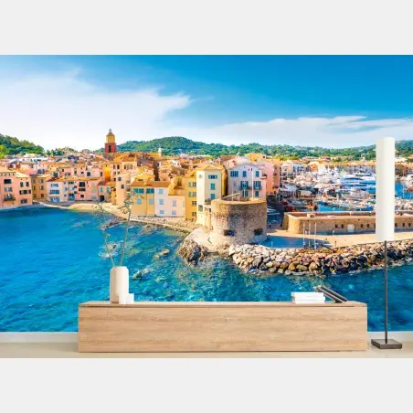Wall mural sunlit Mediterranean harbor cityscape • Wallissimo®
