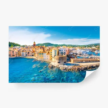 Wall mural sunlit Mediterranean harbor cityscape • Wallissimo®