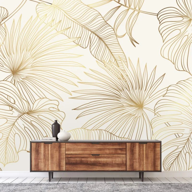 Wall mural golden tropical leaves pattern
