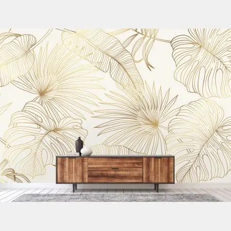 Wall mural golden tropical leaves pattern • Wallissimo®