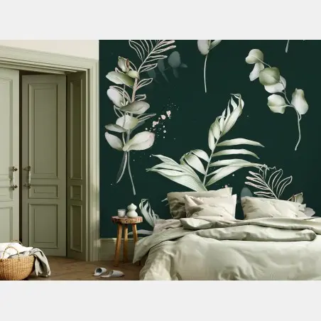 Wall mural eucalyptus botanical pattern with gold accents • Wallissimo®