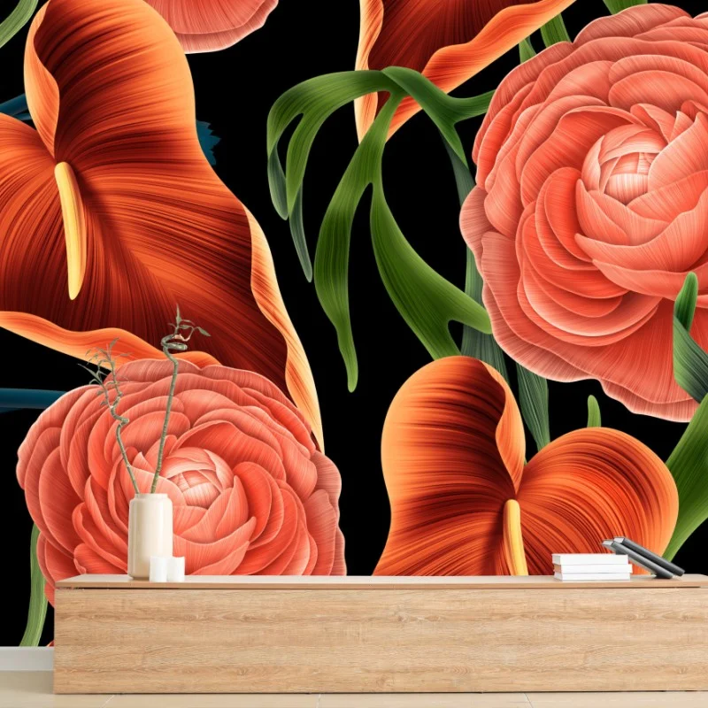 Wall mural vibrant coral floral art on black