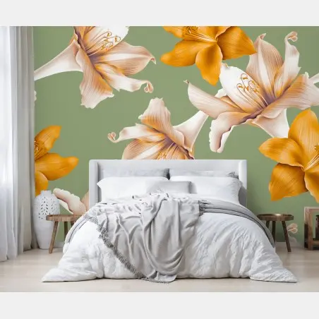 Wall mural golden lily botanical pattern • Wallissimo®