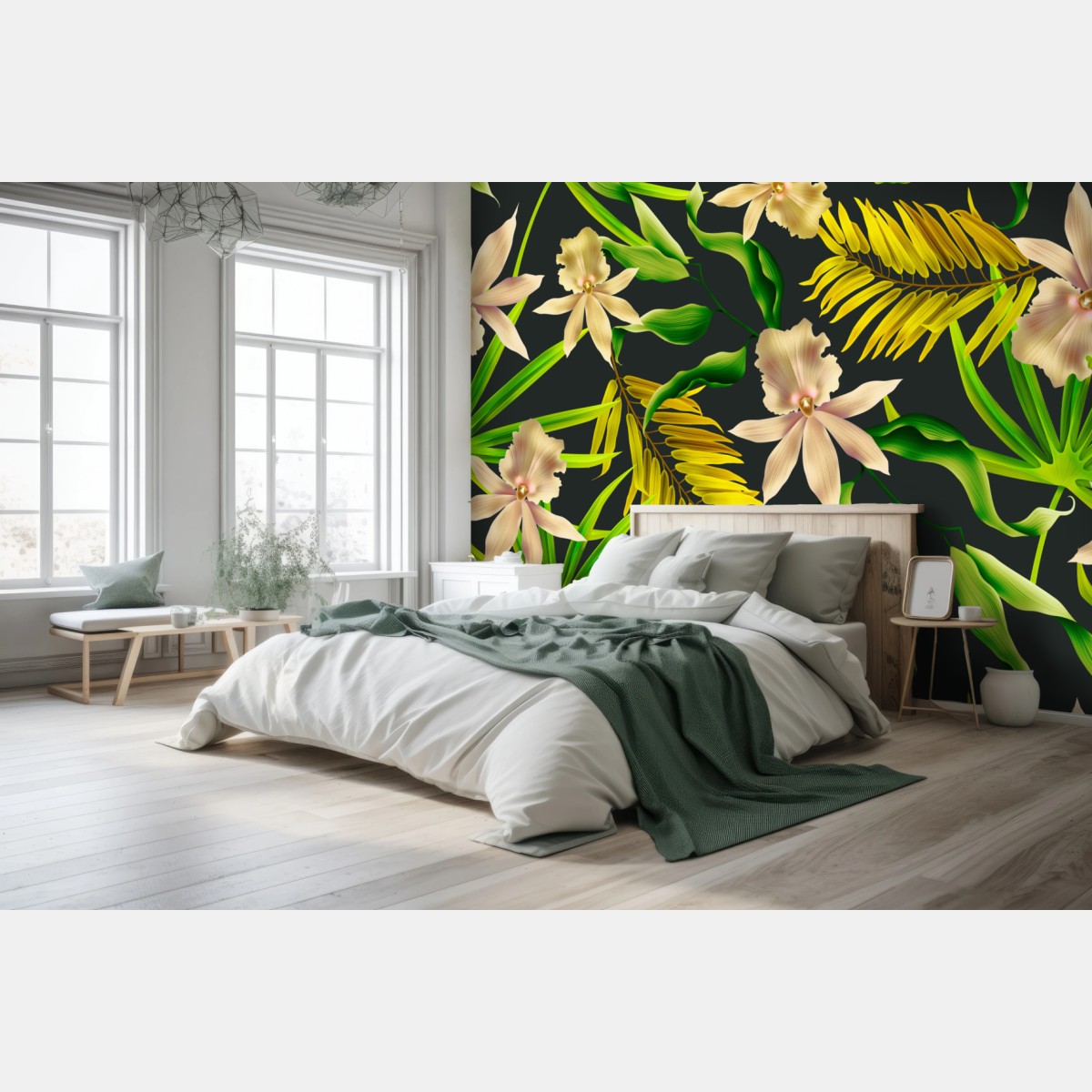 Wall mural tropical orchid floral pattern on dark background • Wallissimo®