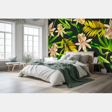 Wall mural tropical orchid floral pattern on dark background • Wallissimo®
