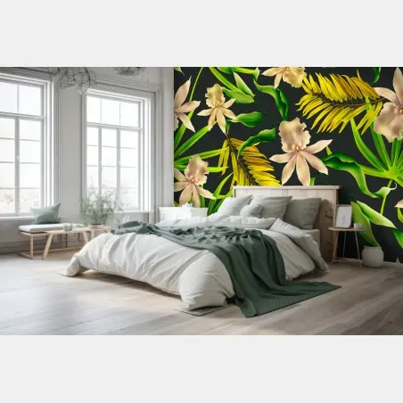 Wall mural tropical orchid floral pattern on dark background • Wallissimo®