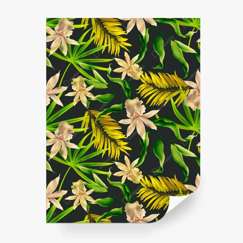 Wall mural tropical orchid floral pattern on dark background