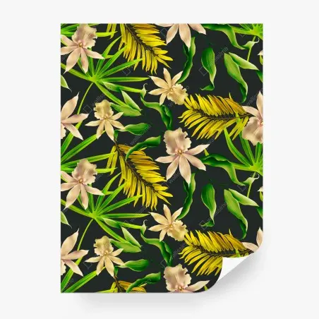 Wall mural tropical orchid floral pattern on dark background • Wallissimo®