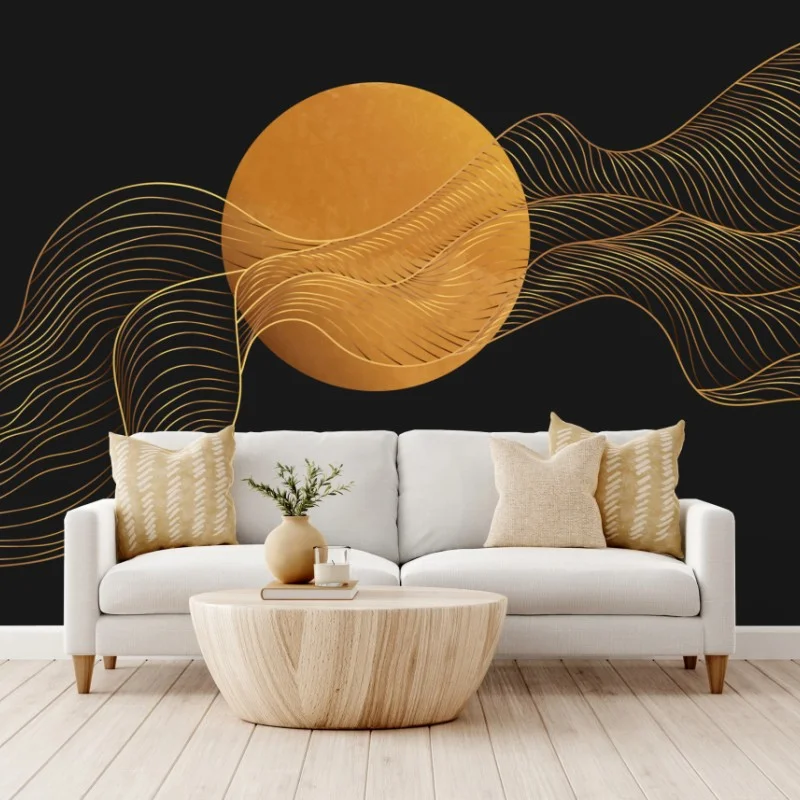 Wall mural golden waves on black abstract composition