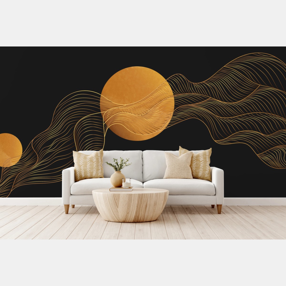 Wall mural golden waves on black abstract composition • Wallissimo®