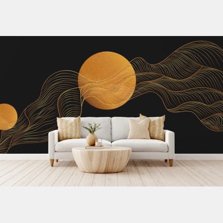 Wall mural golden waves on black abstract composition • Wallissimo®