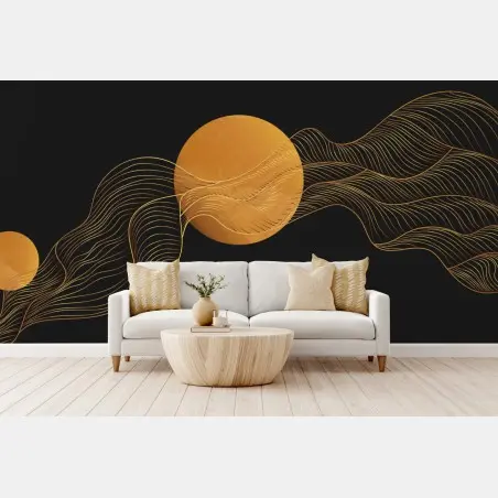 Wall mural golden waves on black abstract composition • Wallissimo®