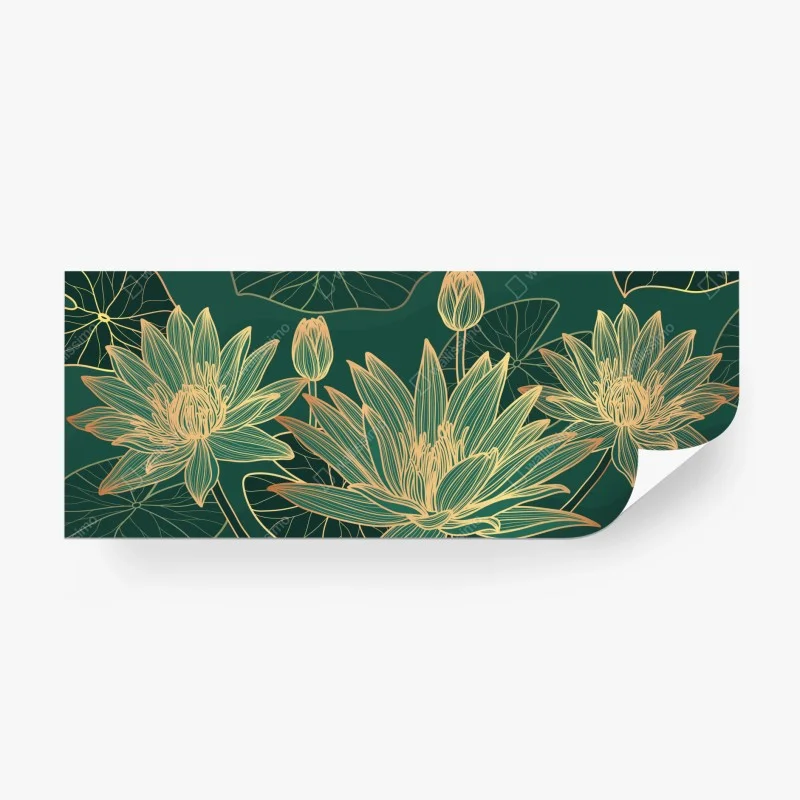 Wall mural gold lotus floral illustration on emerald background