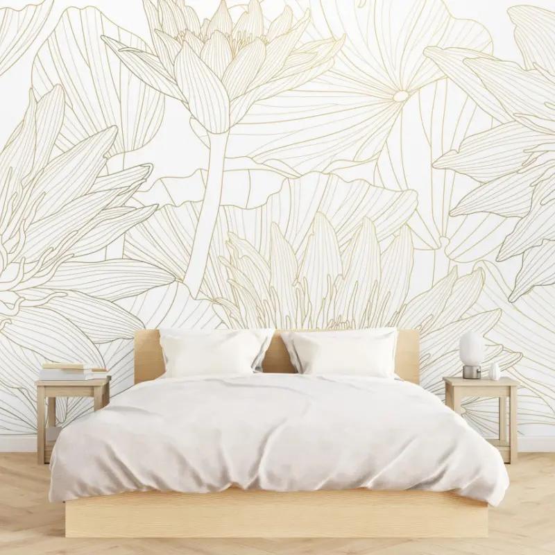 Wall mural delicate gold floral line art