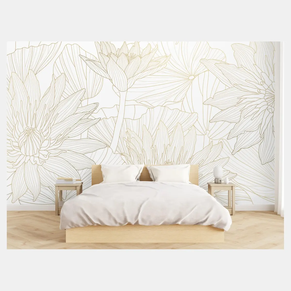 Wall mural delicate gold floral line art • Wallissimo®