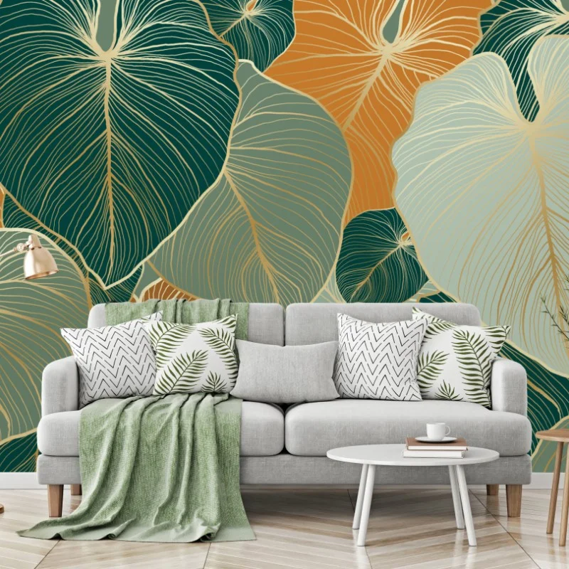 Wall mural teal and gold botanical leaf pattern ⁕ Wallissimo® Wall mural teal and gold botanical leaf pattern ⁕ Wallissimo®