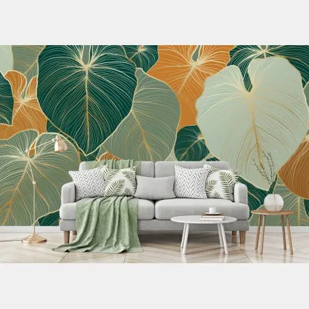 Wall mural teal and gold botanical leaf pattern • Wallissimo®