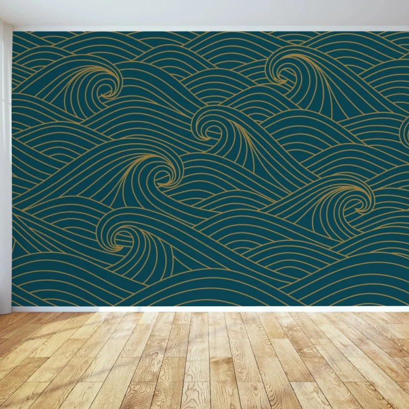 Wall mural gold-lined teal wave pattern