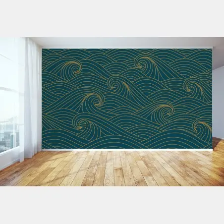 Wall mural gold-lined teal wave pattern • Wallissimo®