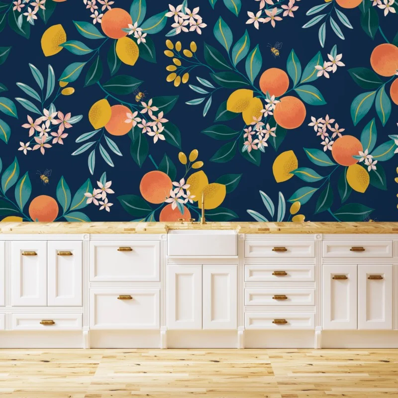 Wall mural citrus blossom botanical pattern on navy
