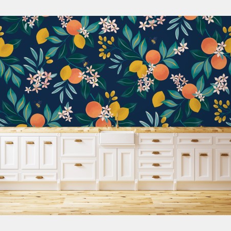 Wall mural citrus blossom botanical pattern on navy • Wallissimo®