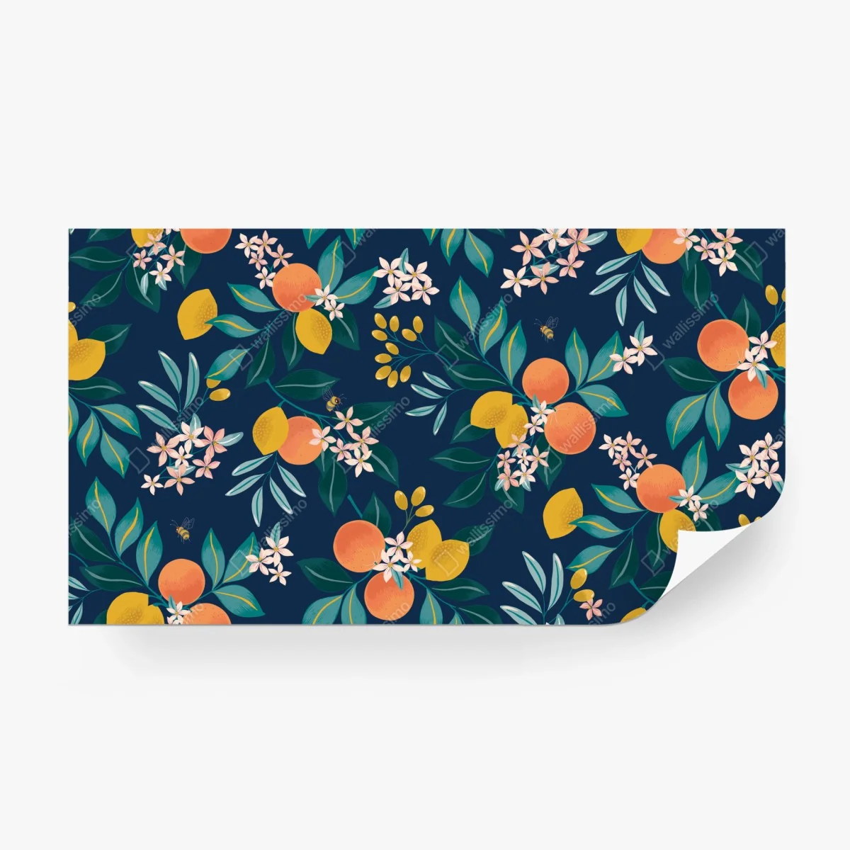 Wall mural citrus blossom botanical pattern on navy ⁕ Wallissimo® Wall mural citrus blossom botanical pattern on navy ⁕ Wallissimo®