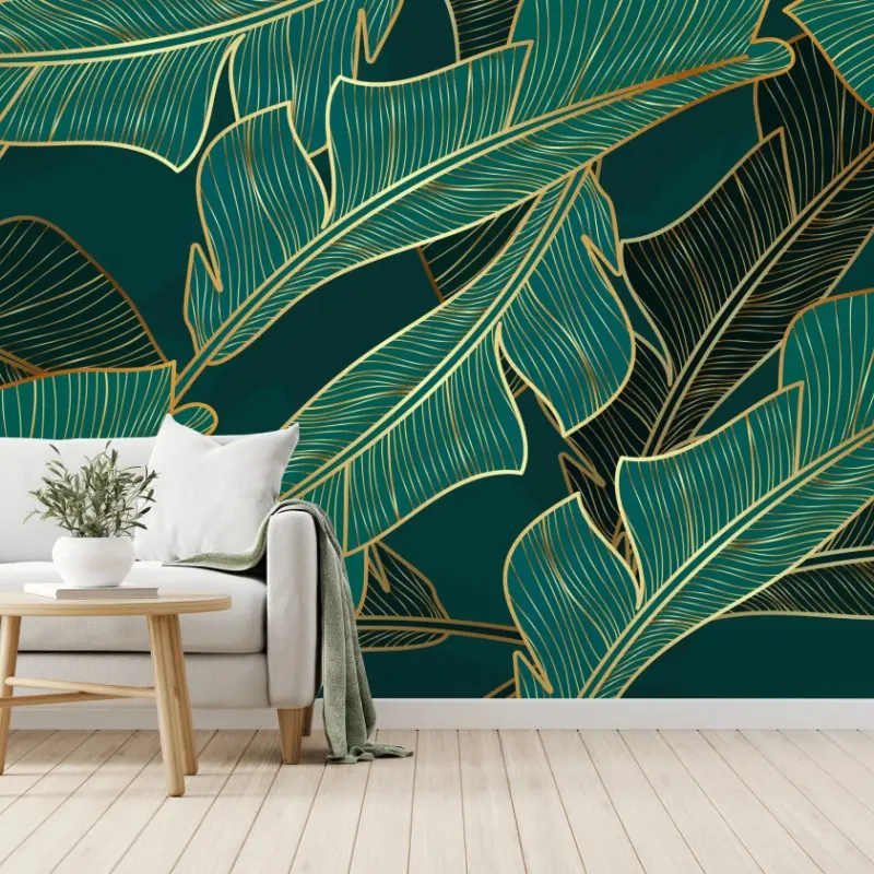 Wall mural gold-lined tropical banana leaves pattern ⁕ Wallissimo®