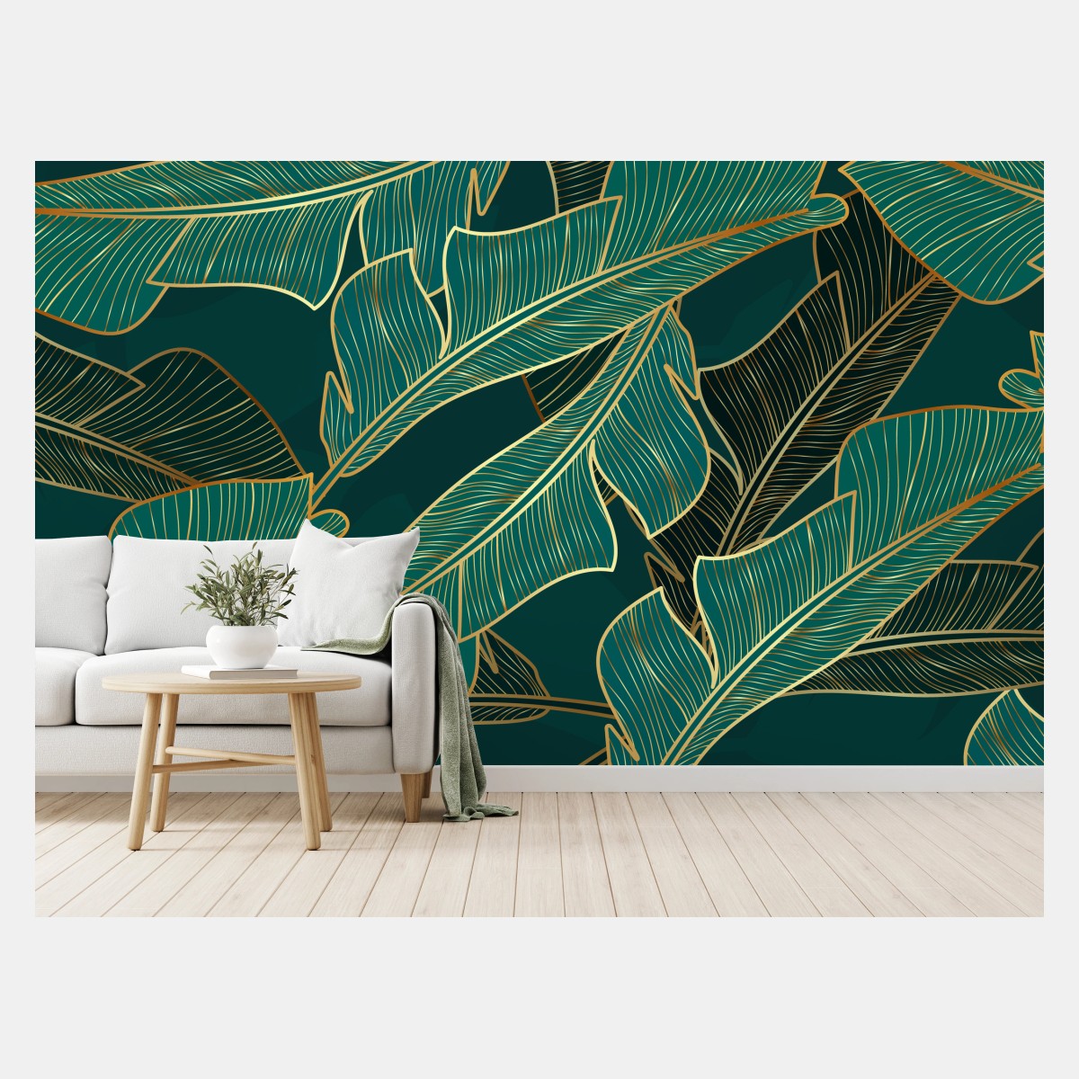Wall mural gold-lined tropical banana leaves pattern • Wallissimo®