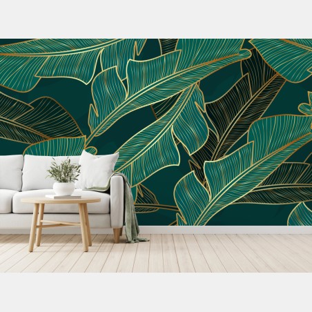 Wall mural gold-lined tropical banana leaves pattern • Wallissimo®