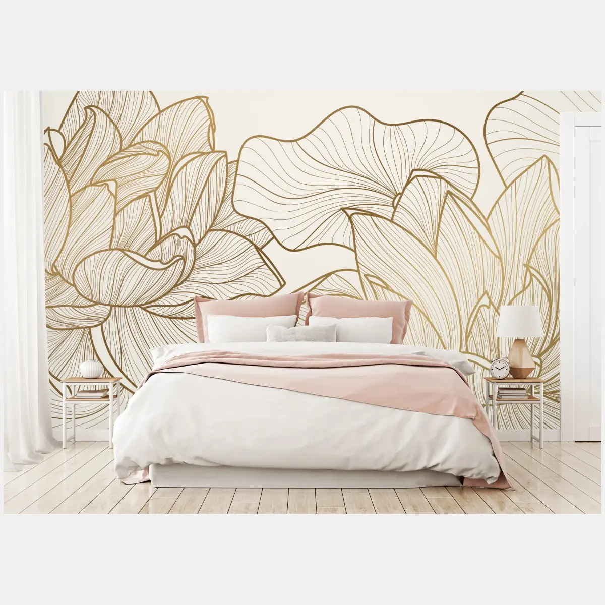 Wall mural elegant gold line floral illustration • Wallissimo®
