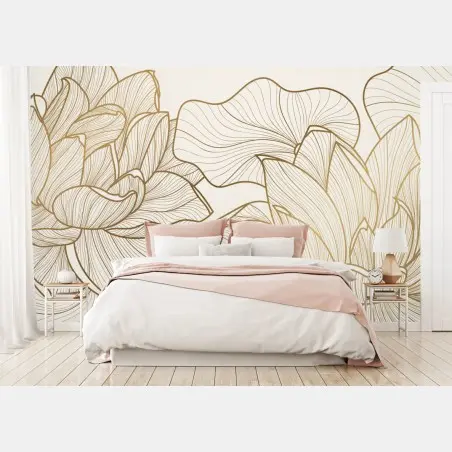 Wall mural elegant gold line floral illustration • Wallissimo®