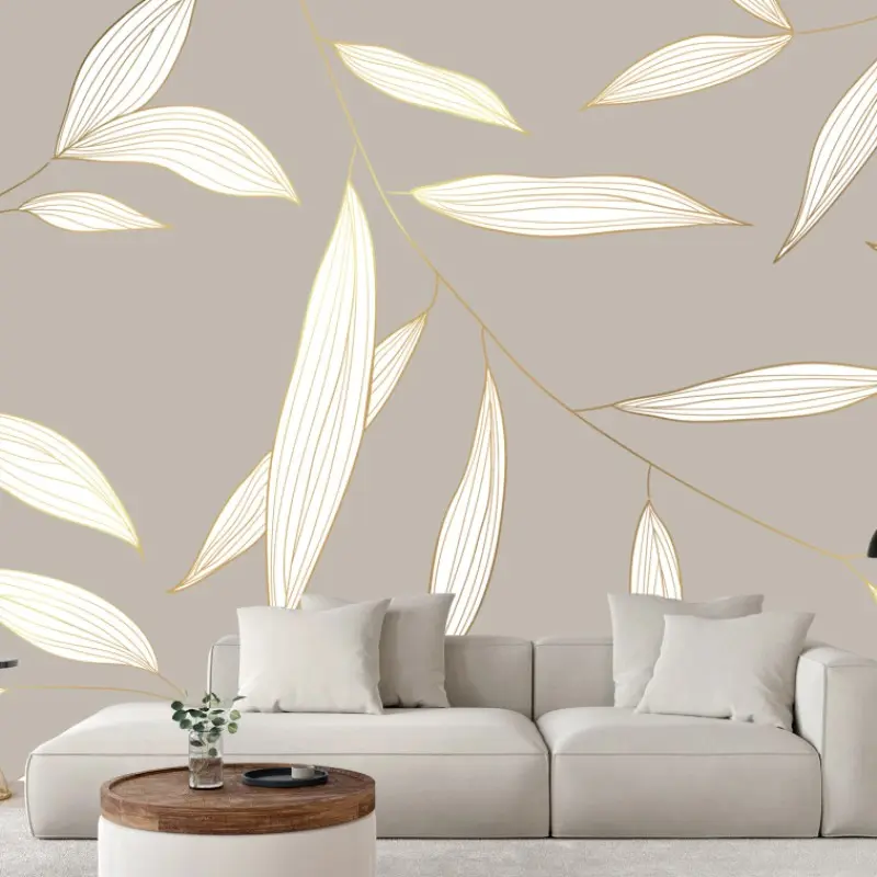Wall mural delicate gold-lined leaves on beige background ⁕ Wallissimo®